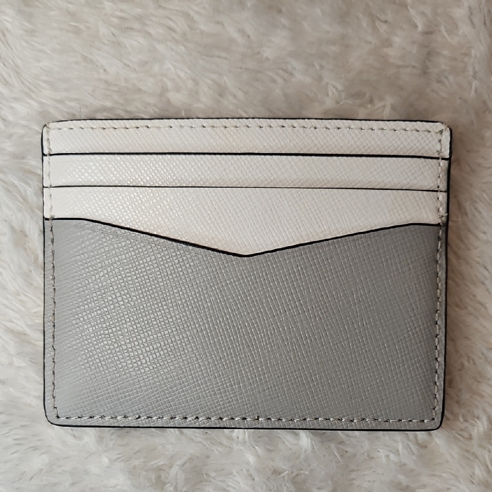 Kate Spade Staci Small Slim Card Holder Saffiano Leather Gray White Minimalist - Picture 2 of 5